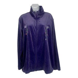 Sara Morgan Womens 2X Purple Velour Zip-Up Jacket With Embroidered Floral Design